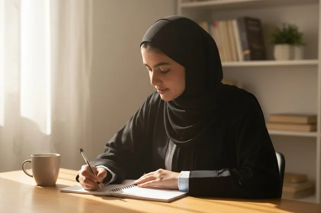 Saudi Woman in Black Abaya Writing at Office Desk
