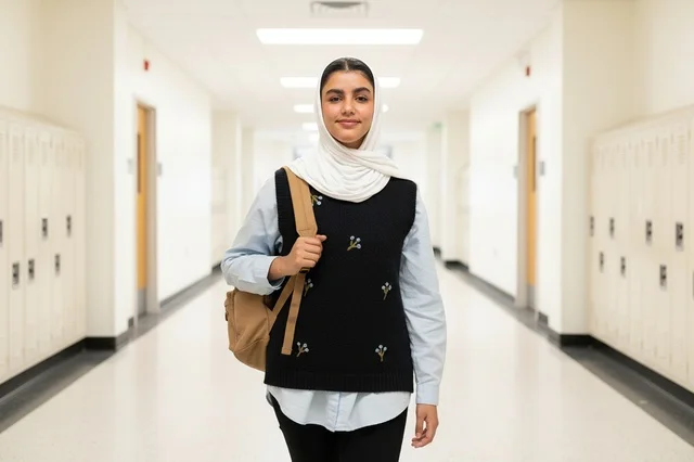 Saudi Female Student with Hijab in School Hallway