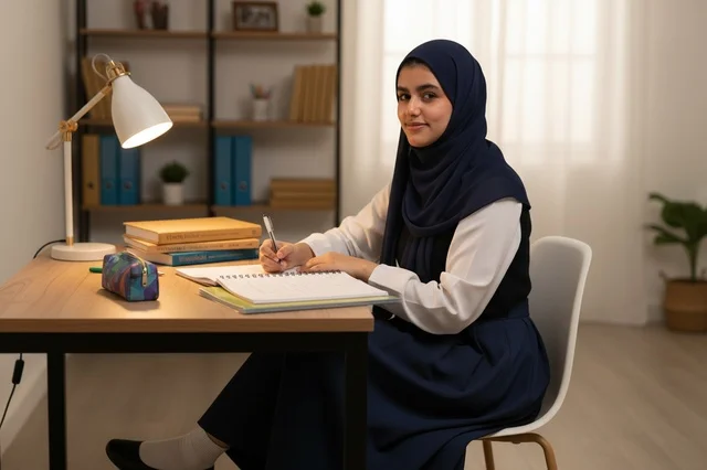 Saudi Female Student Writing at Desk in Hijab
