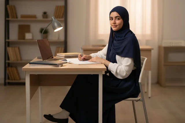 امرأة سعودية بالعباءة السوداء تحمل كتبا في مكتب