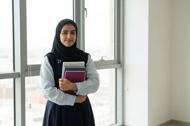 A Saudi woman in a black abaya carrying books in an office. A Saudi woman in a black abaya carrying books in an office.