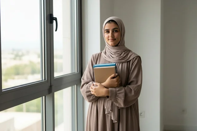 امرأة سعودية بالعباءة السوداء تحمل كتبا في مكتب