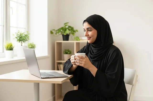 امرأة إماراتية بالعباءة تعمل على اللابتوب في الداخل