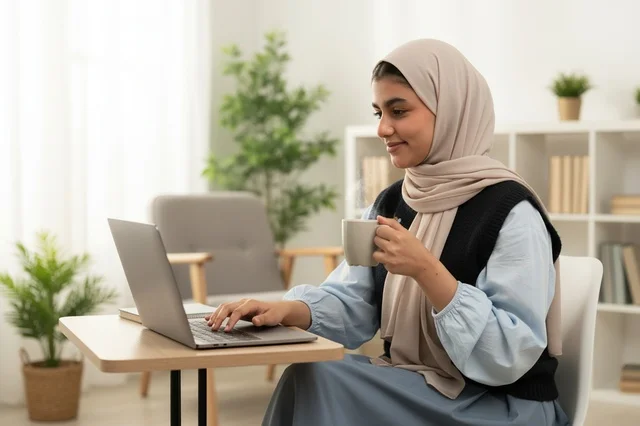امرأة عربية محجبة تستخدم الكمبيوتر المحمول في المكتب