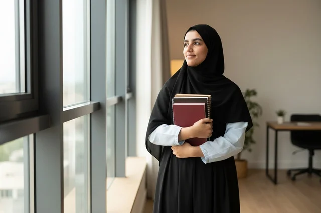 امرأة سعودية بالعباءة تحمل كتباً في مكتب حديث