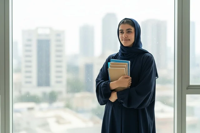 امرأة سعودية بالعباءة السوداء تحمل كتبا في مكتب