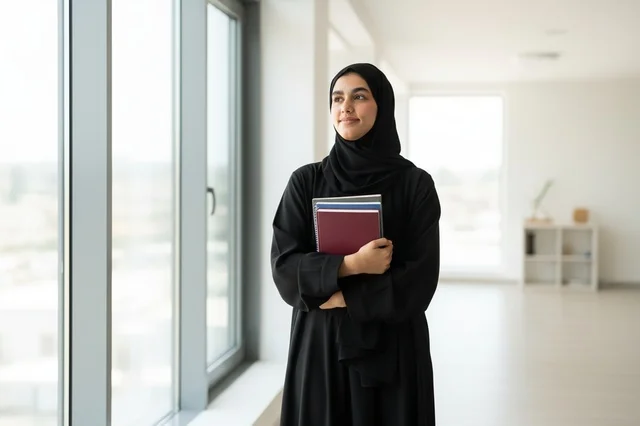 Saudi Woman in Black Abaya Holding Books in Office