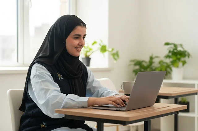 A Saudi woman in a black abaya carrying books in an office.