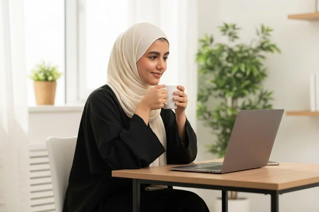 Emirati Woman with Laptop and Coffee in Modern Office