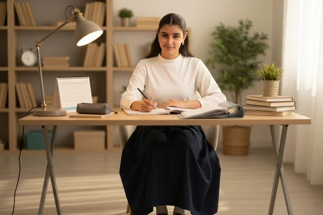 Saudi Female Student Writing at Desk in Home Library