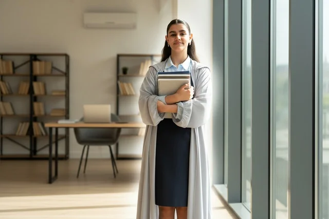 طالبة إماراتية في مكتب حديث تحمل كتباً