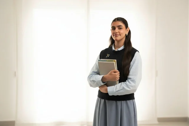 An Emirati student in a modern office carrying books.