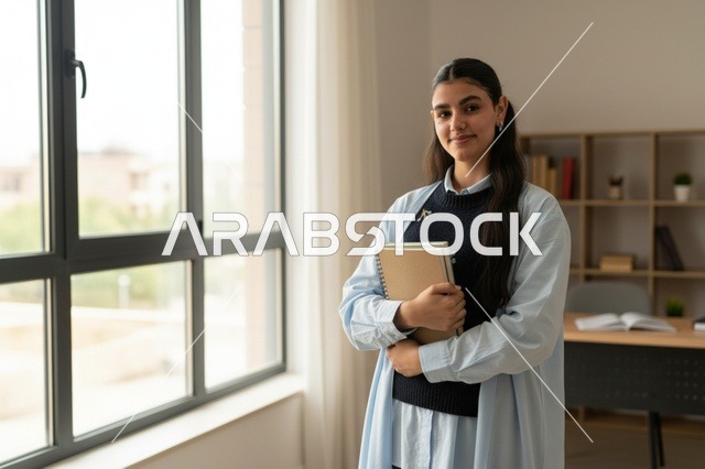 طالبة إماراتية في مكتب حديث تحمل كتباً