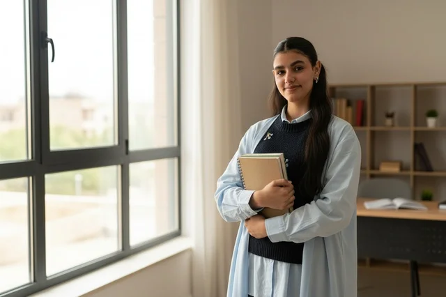 An Emirati student in a modern office carrying books.
