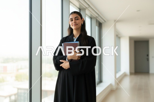 طالبة إماراتية في مكتب حديث تحمل كتباً