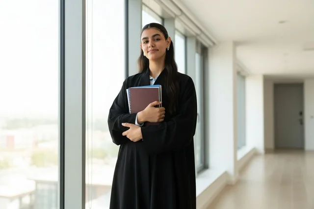 An Emirati student in a modern office carrying books.