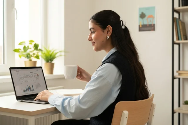 Arab Woman Working on Laptop in Bright Office