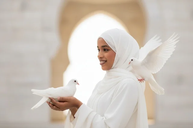 Somali Woman in White Hijab Holding White Dove