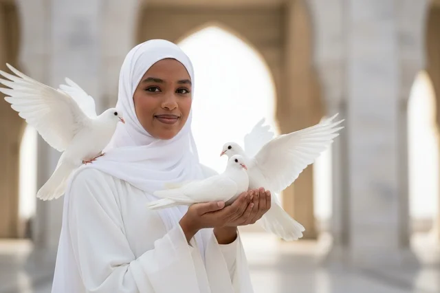 African Muslim Woman with White Pigeons at Mosque