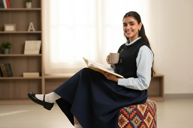 Saudi Schoolgirl in Uniform Reading Book with Mug