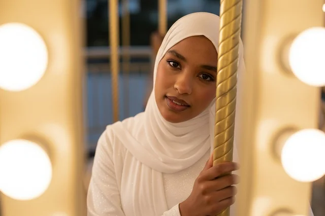 African Muslim Woman in White Hijab at Night