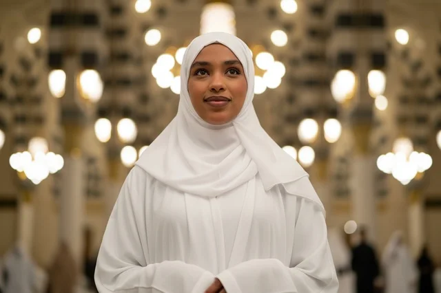 An African woman in a white hijab inside the mosque.