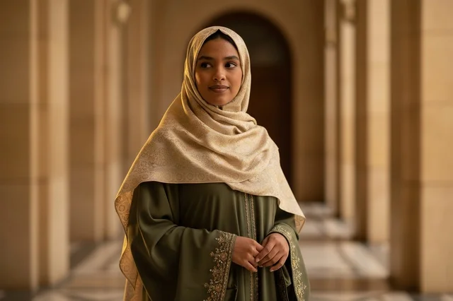 A Saudi woman in a green abaya and hijab in a traditional heritage corridor. A Saudi woman in a green abaya and hijab in a traditional heritage corridor.