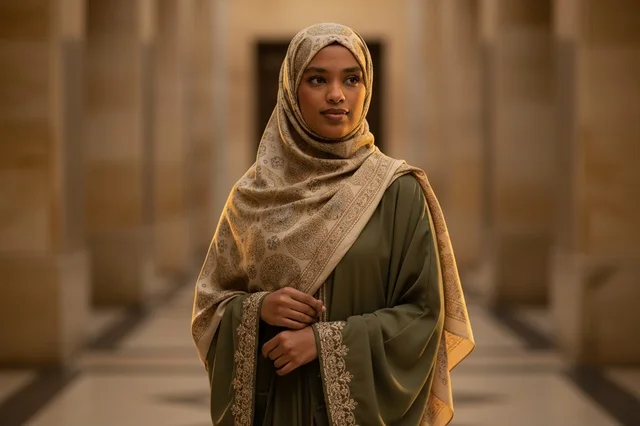 Saudi Woman in Green Abaya and Hijab in Stone Corridor