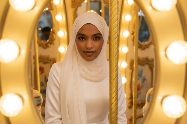 امرأة أفريقية بالحجاب الأبيض في مدينة الملاهي