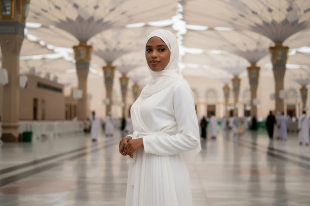 Saudi Woman at Prophet Mosque Medina in White Hijab