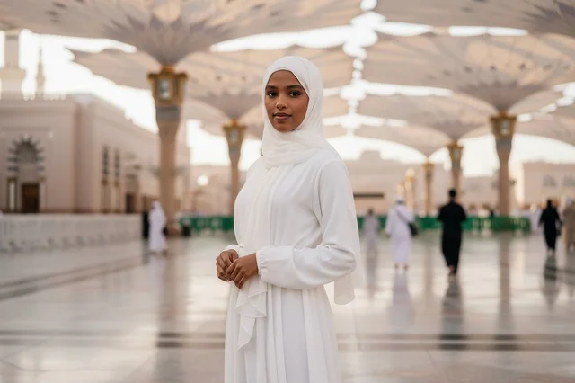 An African woman in a white hijab inside the mosque.