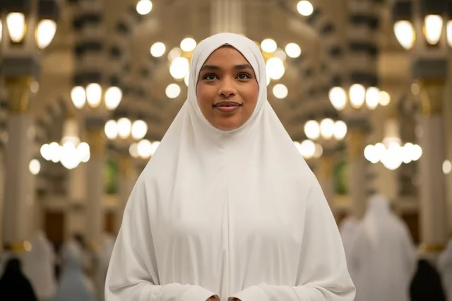 African Woman in White Hijab inside Mosque Interior