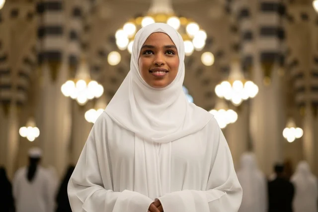Saudi Woman in White Abaya at Prophet's Mosque Medina