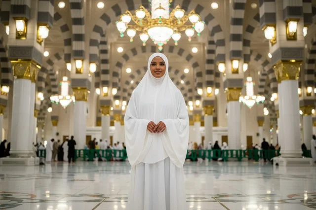 An African woman in a white hijab inside the mosque.