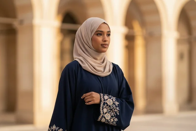 Saudi Woman in Embroidered Abaya and Hijab Outdoors