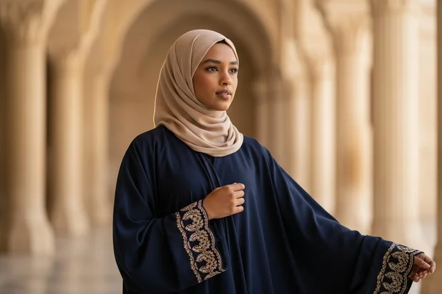 Saudi Woman in Navy Abaya at Arched Colonnade