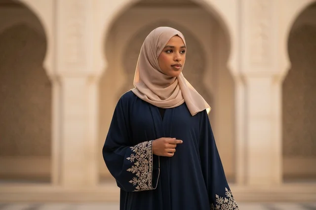 Emirati Woman in Navy Abaya and Arched Architecture