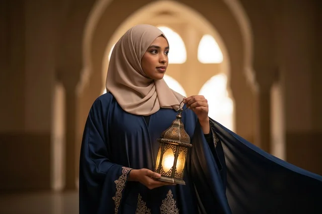 Saudi Woman Holding Ramadan Lantern in Abaya