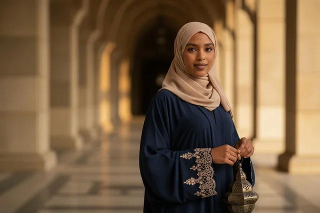 Saudi Woman in Blue Abaya Holding Ramadan Lantern