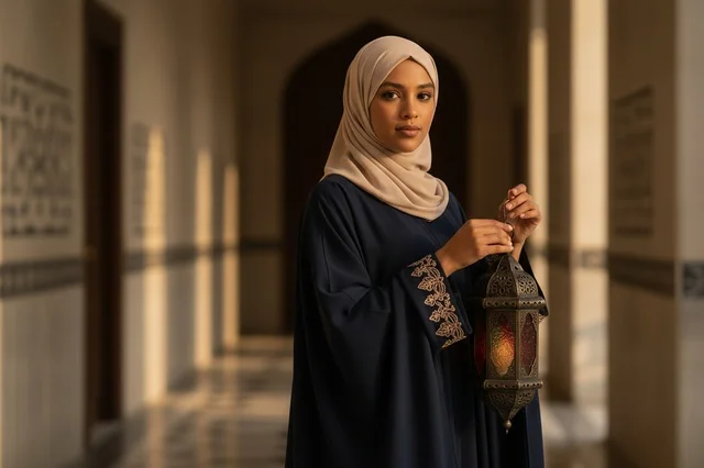 امرأة عربية أفريقية تحمل فانوس رمضان بالعباءة