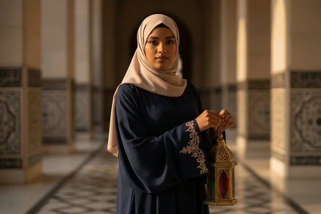امرأة عربية أفريقية تحمل فانوس رمضان بالعباءة