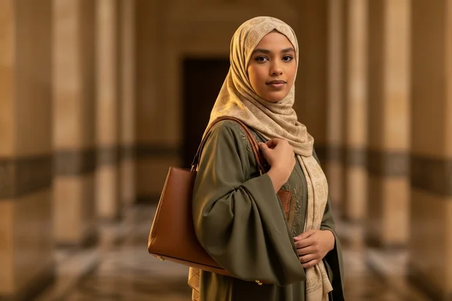 Arab Woman in Green Abaya and Hijab with Handbag