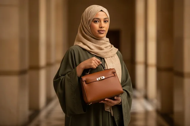 Khaleeji Woman in Green Abaya Holding Leather Handbag