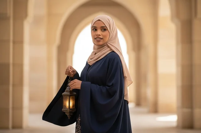 Emirati Woman in Abaya Holding Traditional Lantern