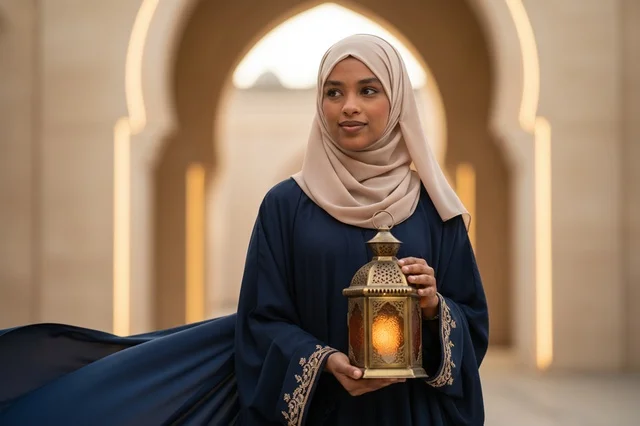 Arab African Woman Holding Ramadan Lantern in Abaya