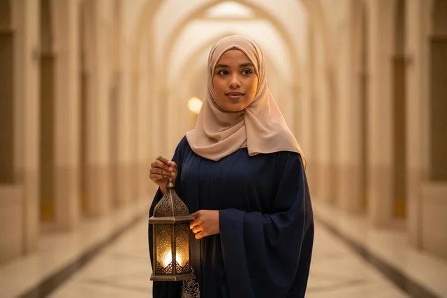 امرأة عربية أفريقية تحمل فانوس رمضان بالعباءة
