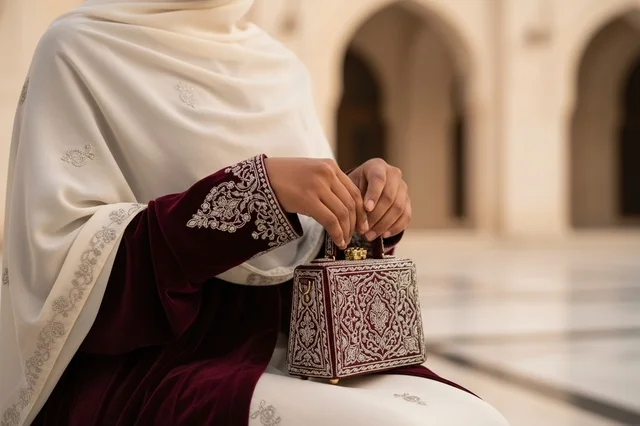 امرأة سعودية بالزي التقليدي مع حقيبة يد مطرزة