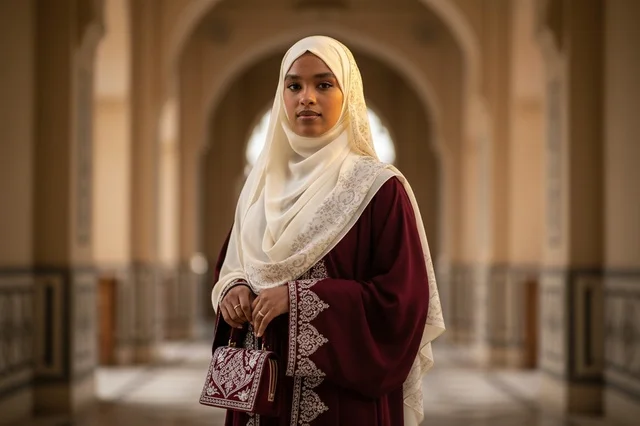 Omani Woman in Traditional Abaya and White Hijab