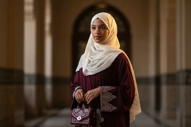 امرأة عُمانية بعباءة تقليدية وحجاب أبيض