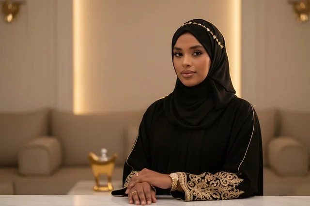 امرأة إماراتية بالعباءة السوداء داخل مجلس حديث